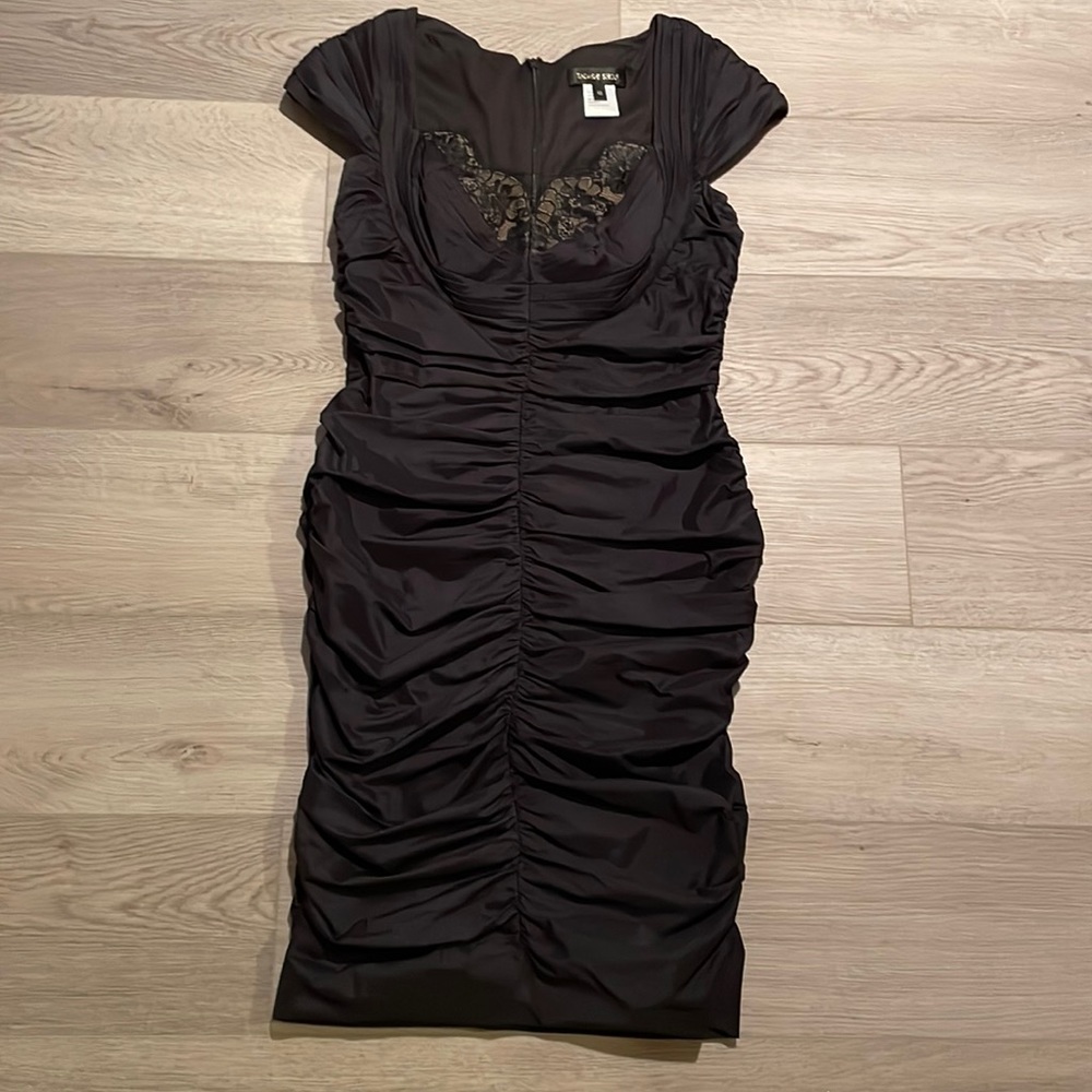 Tadashi Shoji Black Taffeta Ruched Cap Sleeve Gathered Cocktail Dress - Size 10